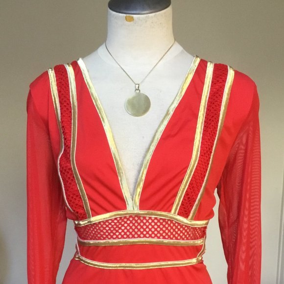 CBR Pencil Short Dress Mesh Long Sleeve Gold Trim V-Neck Bodycon Party Red XL - Picture 3 of 10